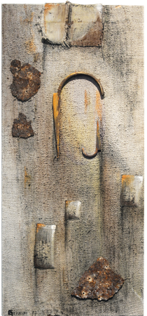  „Handwerk”  Gemälde auf altem Sackleinen, Pastellkreide mit Acryl, Beschlag  Format: 40 x 85 cm,  2017
